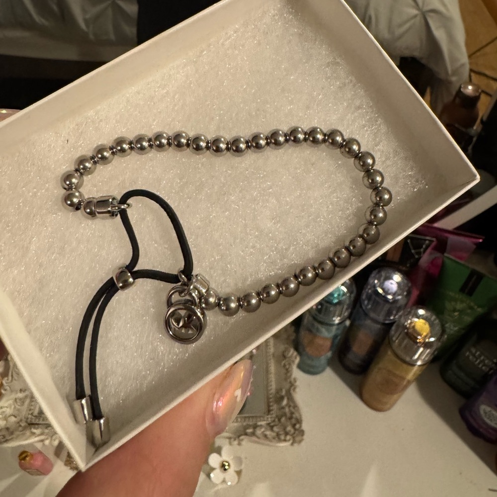 Silver Beaded Bracelet with Black Cord